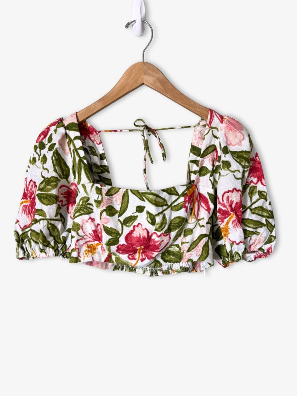 Reformation Jonas Floral Linen Crop Top Puff Sleeve Smocked Tomato Girl Size 2